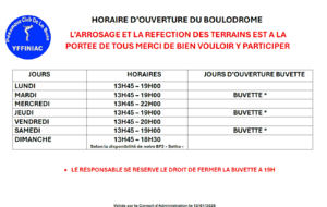 Horaires d'ouverture du Boulodrome