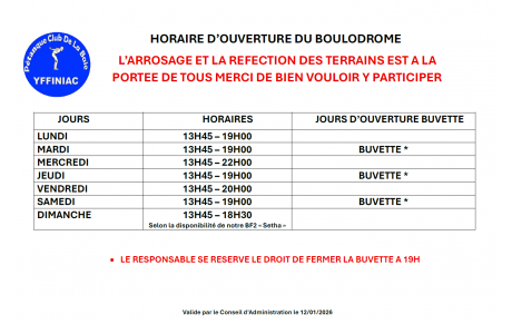 Horaires d'ouverture du Boulodrome